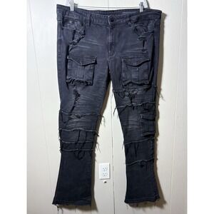 Rockstar Original Jeans Mens RSM205 Flare Distressed Raw Hem Size 44 Black 44x35